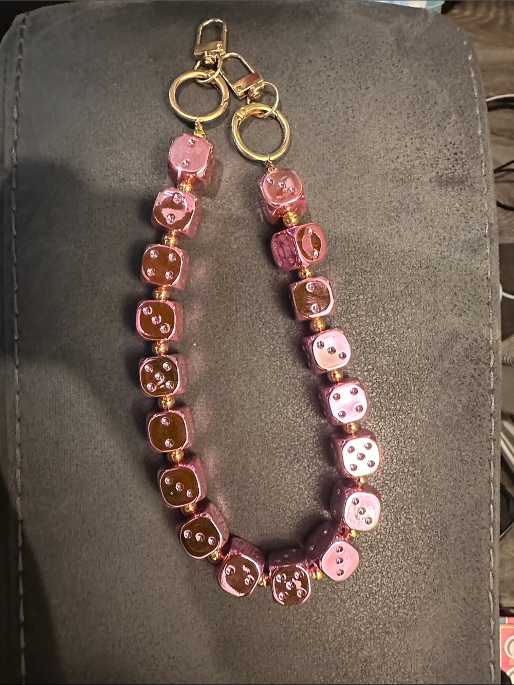 Pink Dice-Bead bag chain accessory with Gold Accents